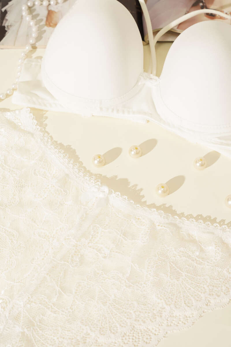 Padded Micro Criss-Cross Bra Set with Ribbon - Ecru