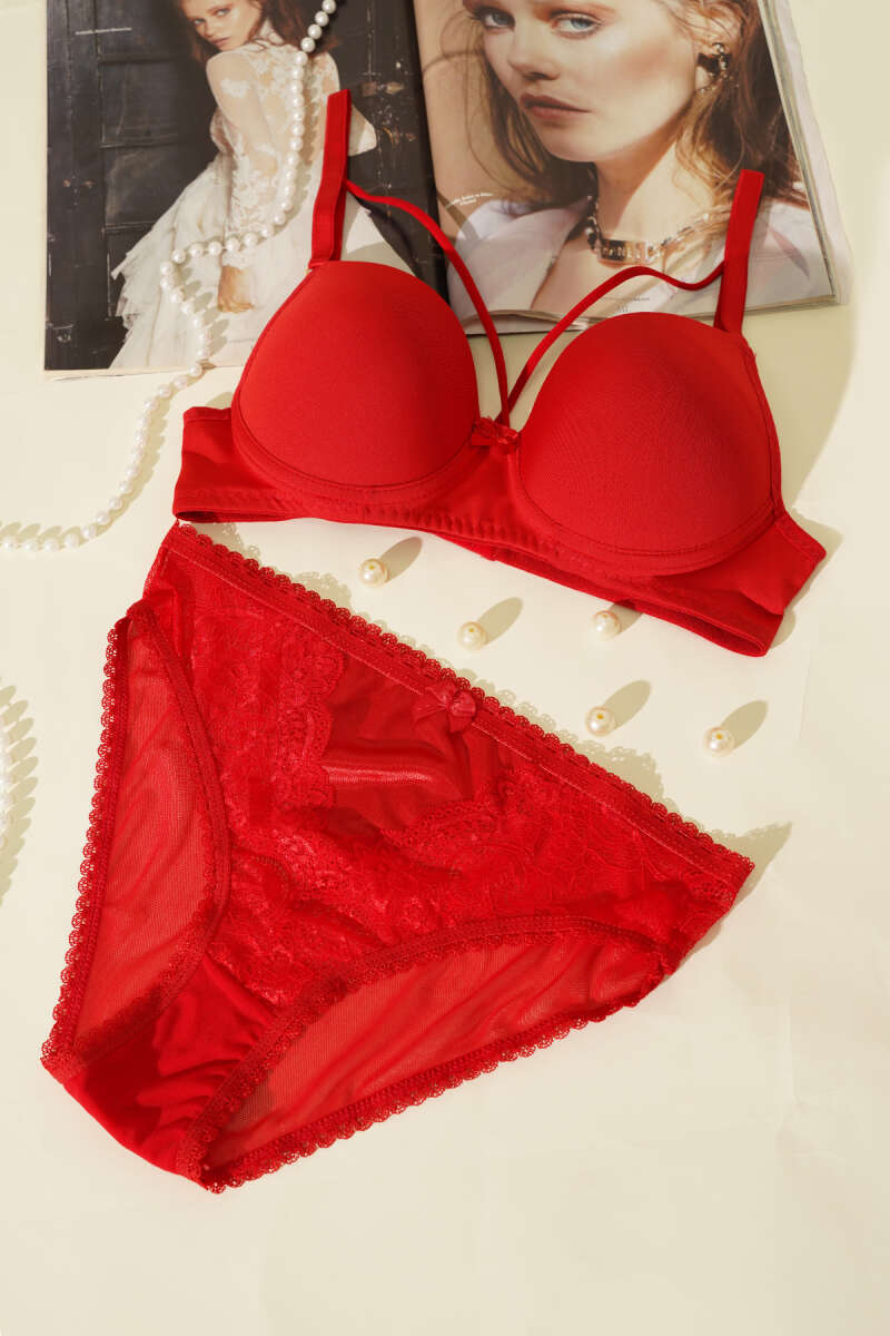 Padded Micro Criss-Cross Bra Set with Ribbon - Red