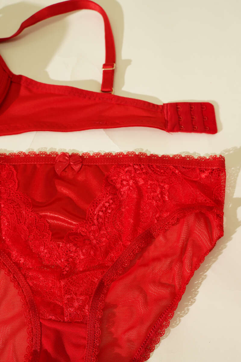 Padded Micro Criss-Cross Bra Set with Ribbon - Red