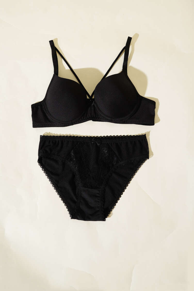Padded Micro Criss-Cross Bra Set with Ribbon - Black