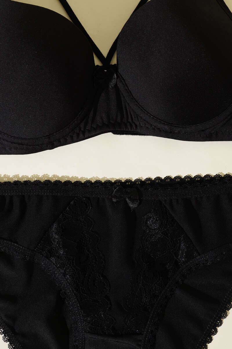 Padded Micro Criss-Cross Bra Set with Ribbon - Black