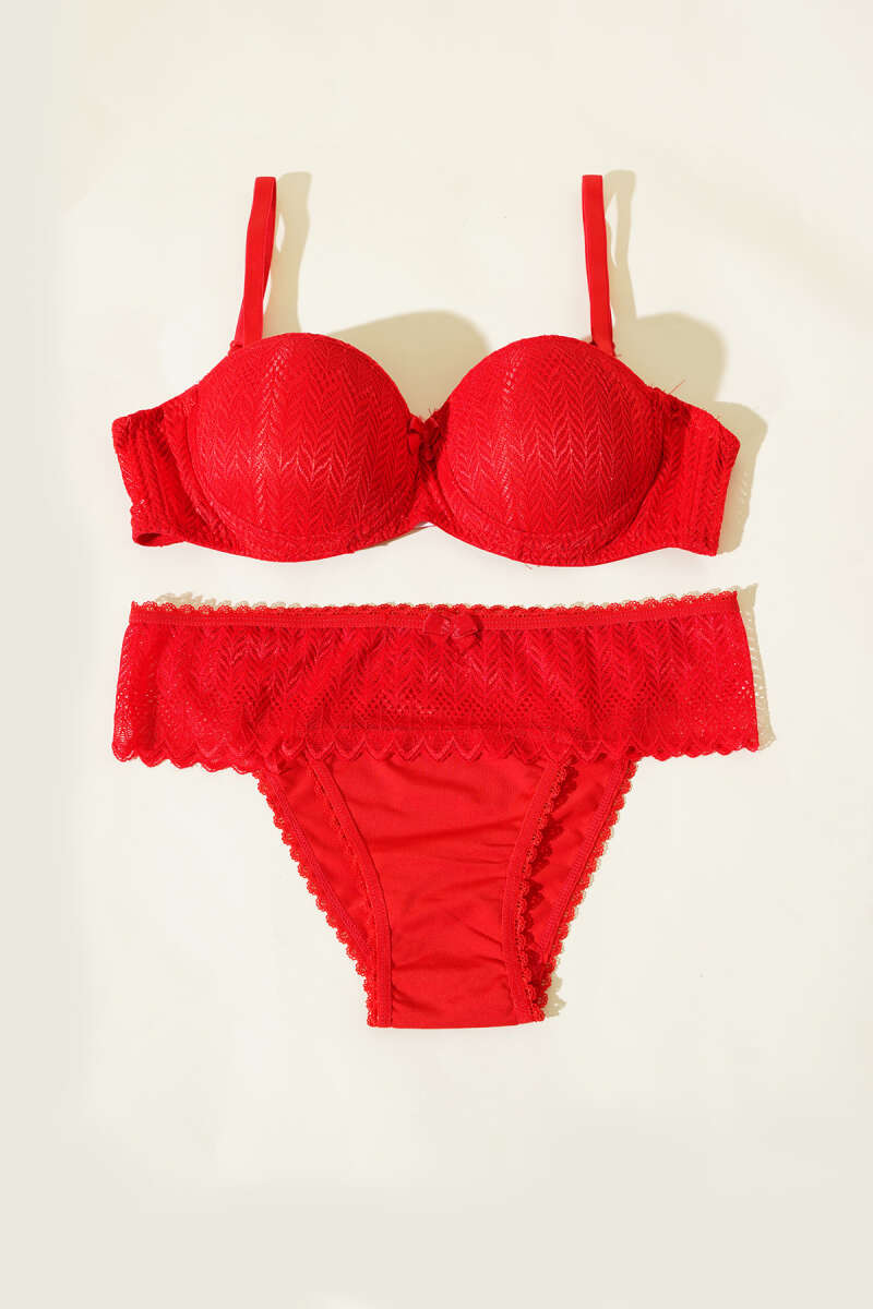 Padded Lace Strapless Bra Set - Red