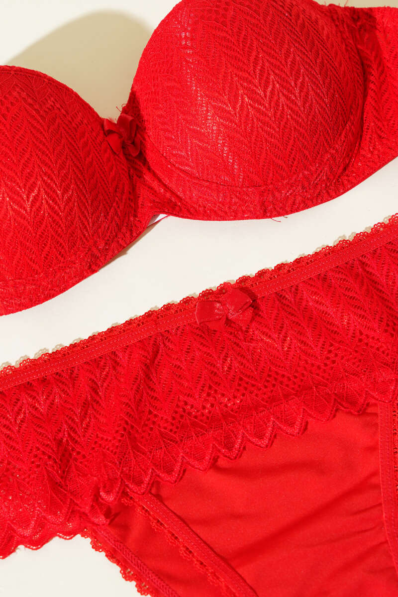 Padded Lace Strapless Bra Set - Red