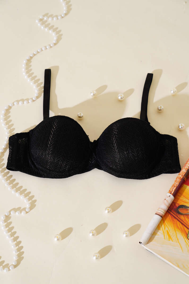 Padded Lace Strapless Bra - Black