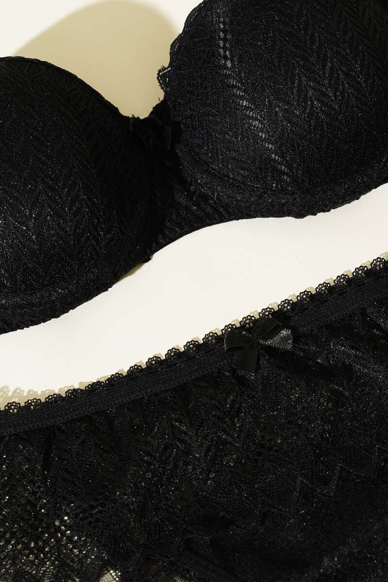 Padded Lace Strapless Bra Set - Black