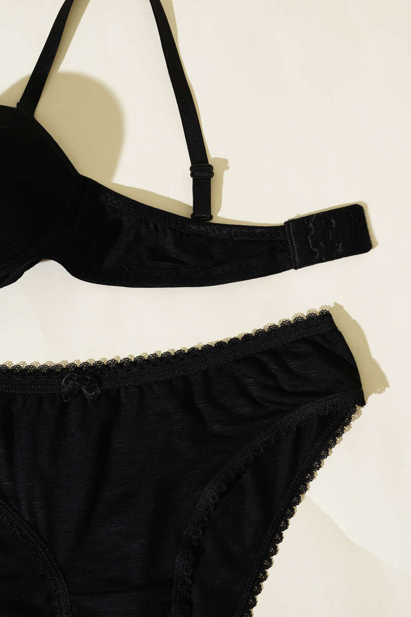 Padded Self-Pattern Bra Set - Black