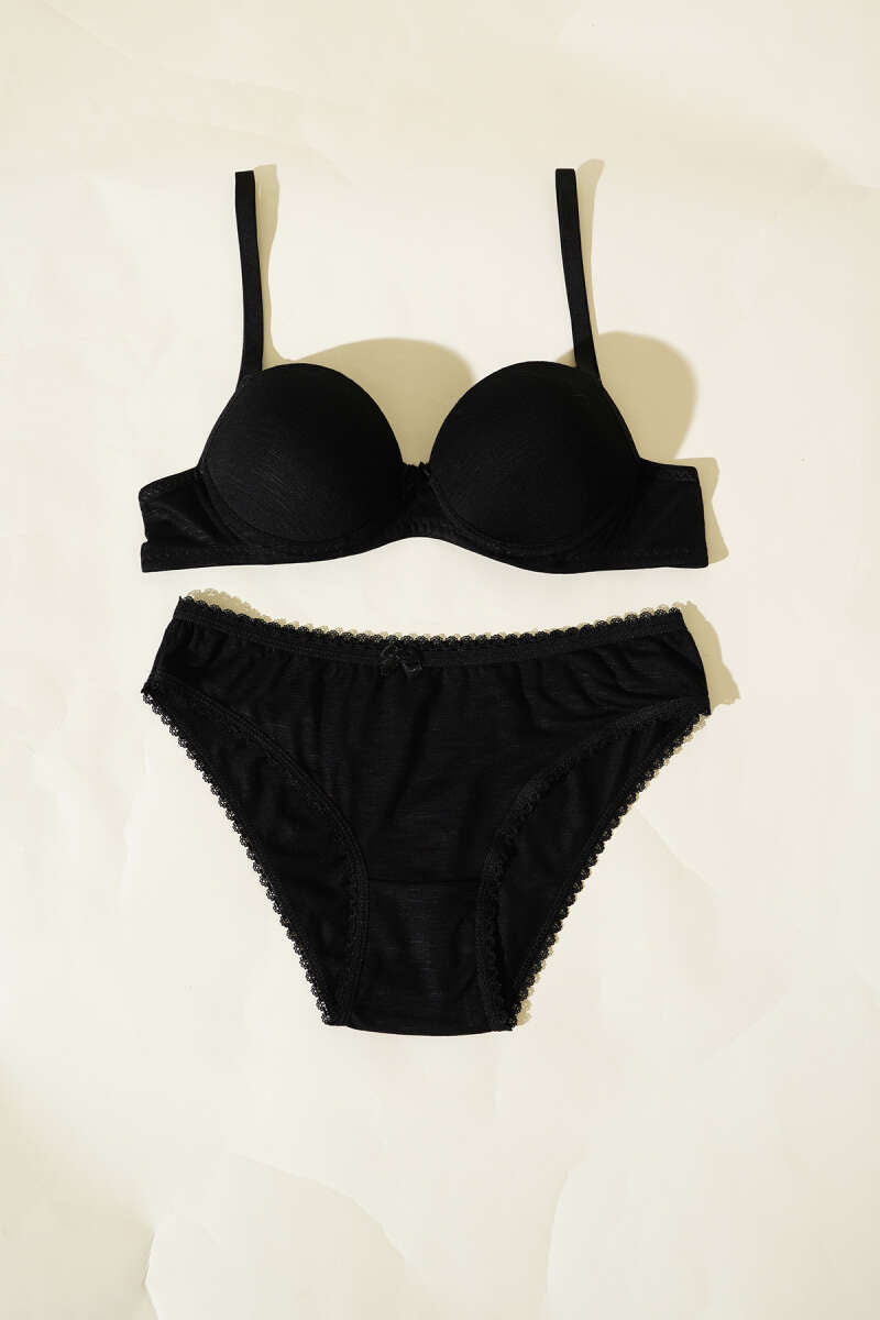 Padded Self-Pattern Bra Set - Black