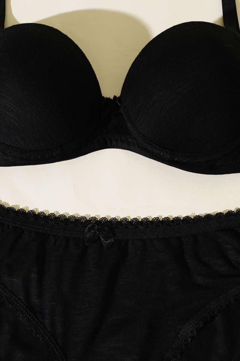 Padded Self-Pattern Bra Set - Black