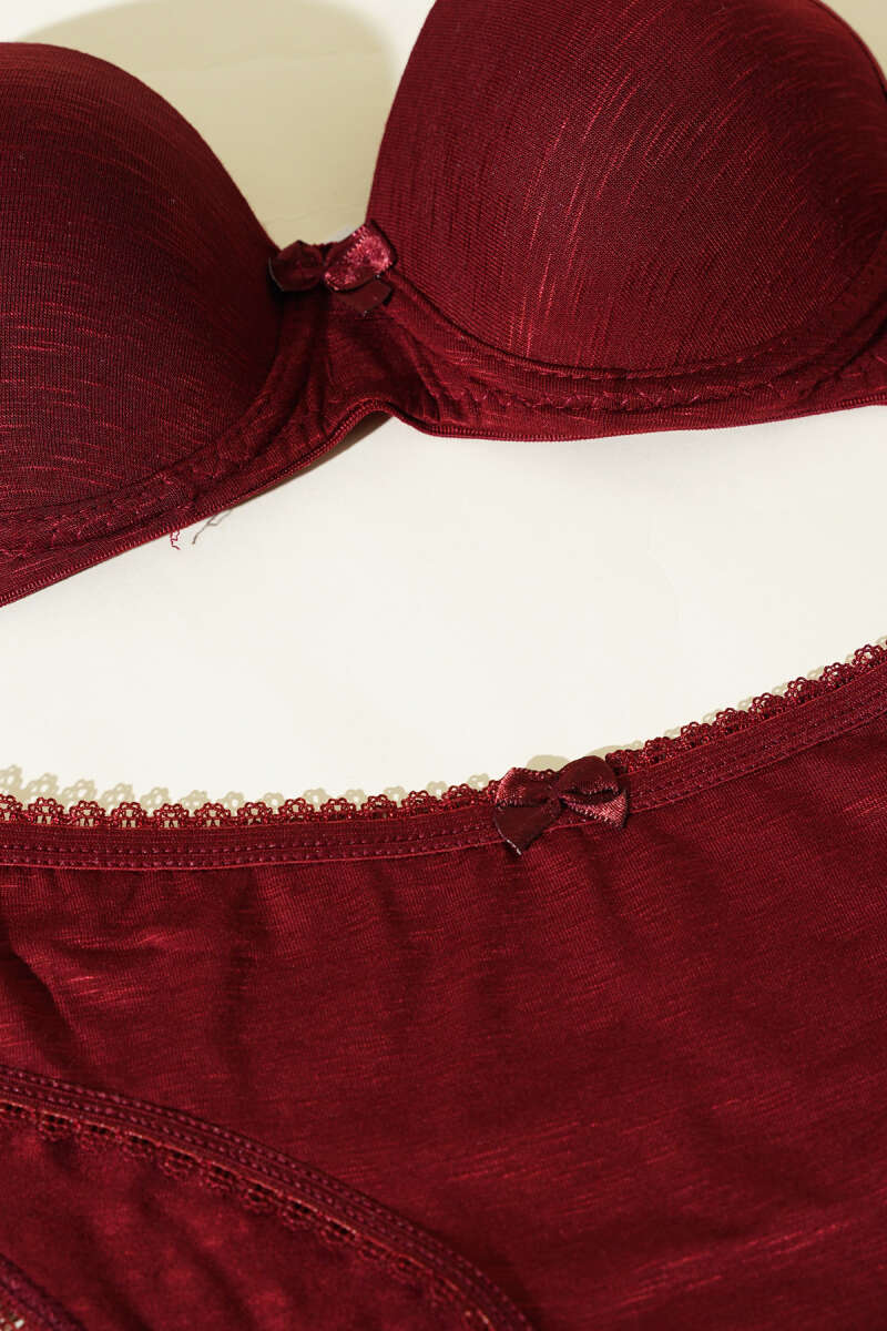Unpadded Self-Pattern Bra Set - Dark Plum