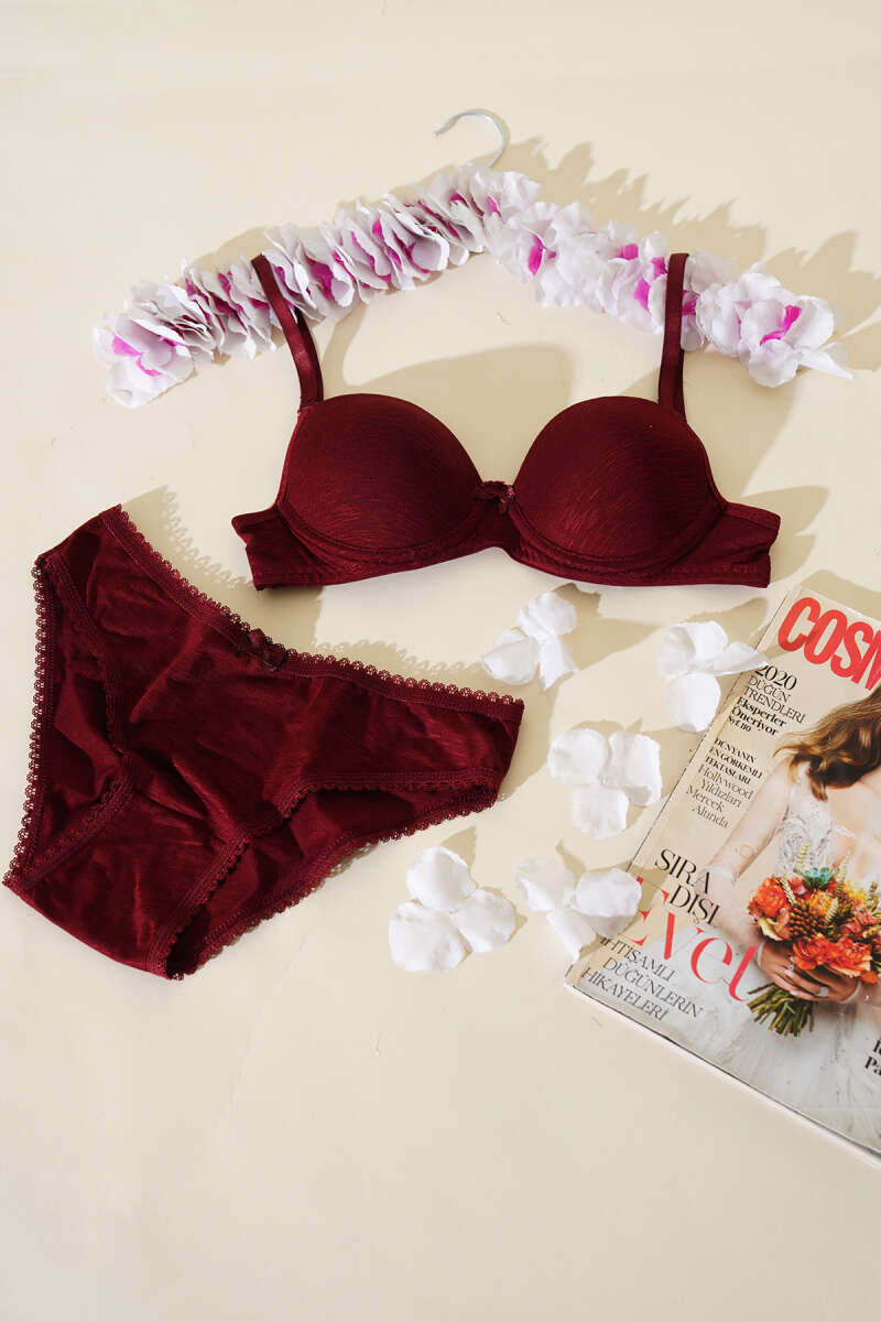 Unpadded Self-Pattern Bra Set - Dark Plum
