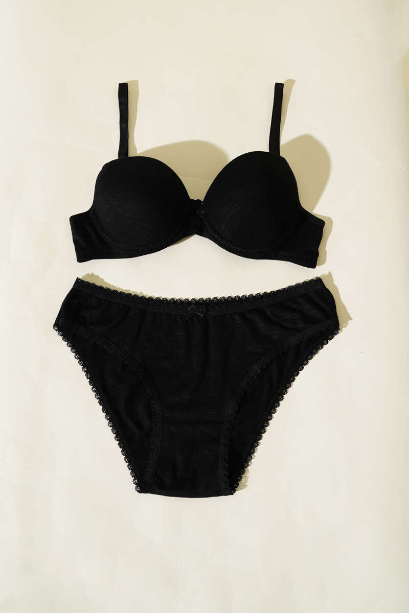 Unpadded Self-Pattern Bra Set - Black