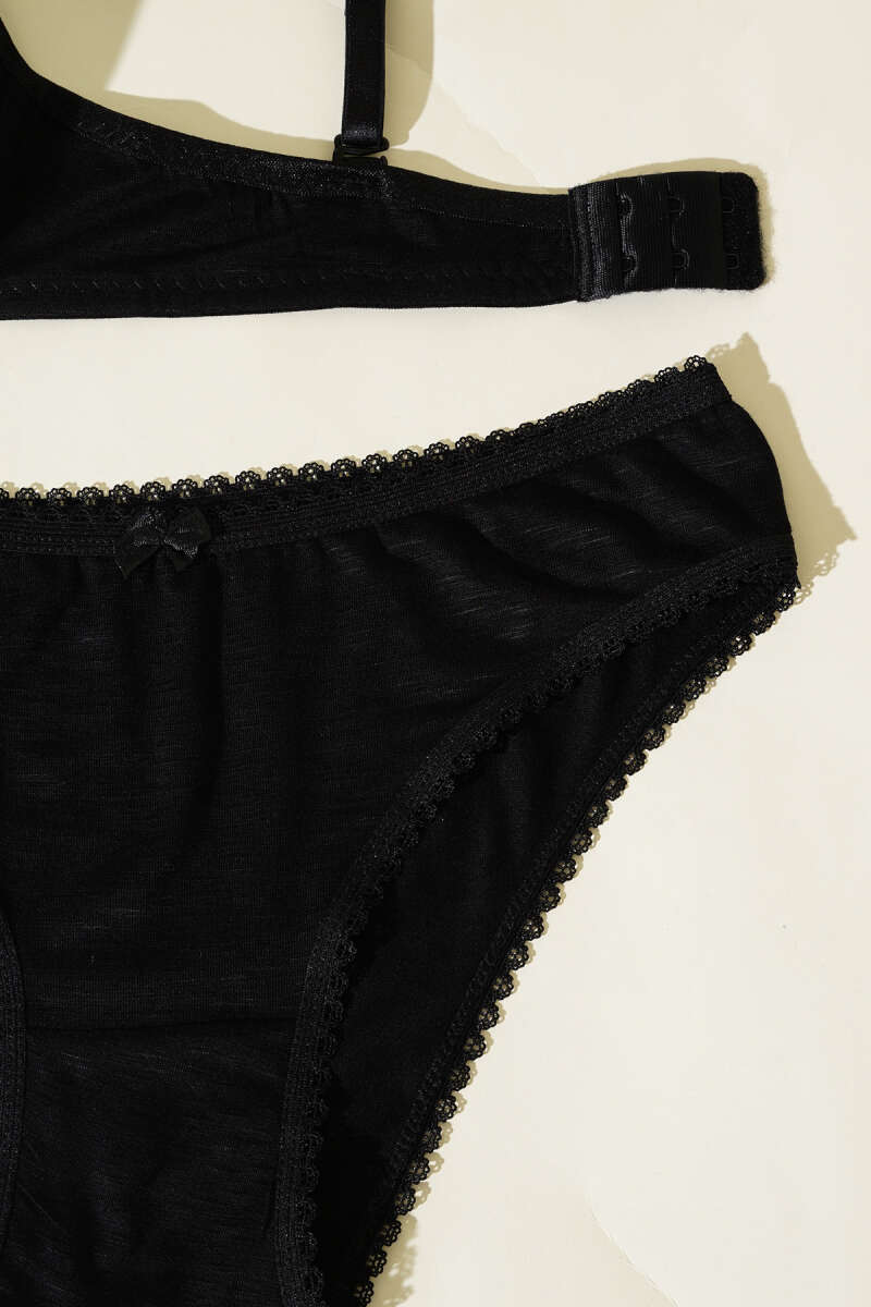 Unpadded Self-Pattern Bra Set - Black
