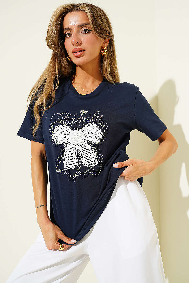 Ribbon Guipure T-Shirt - Navy