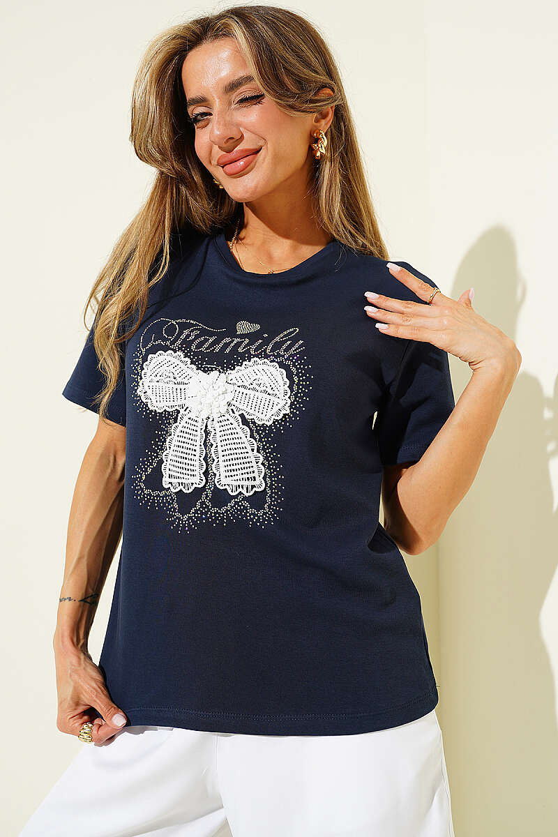 Ribbon Guipure T-Shirt - Navy