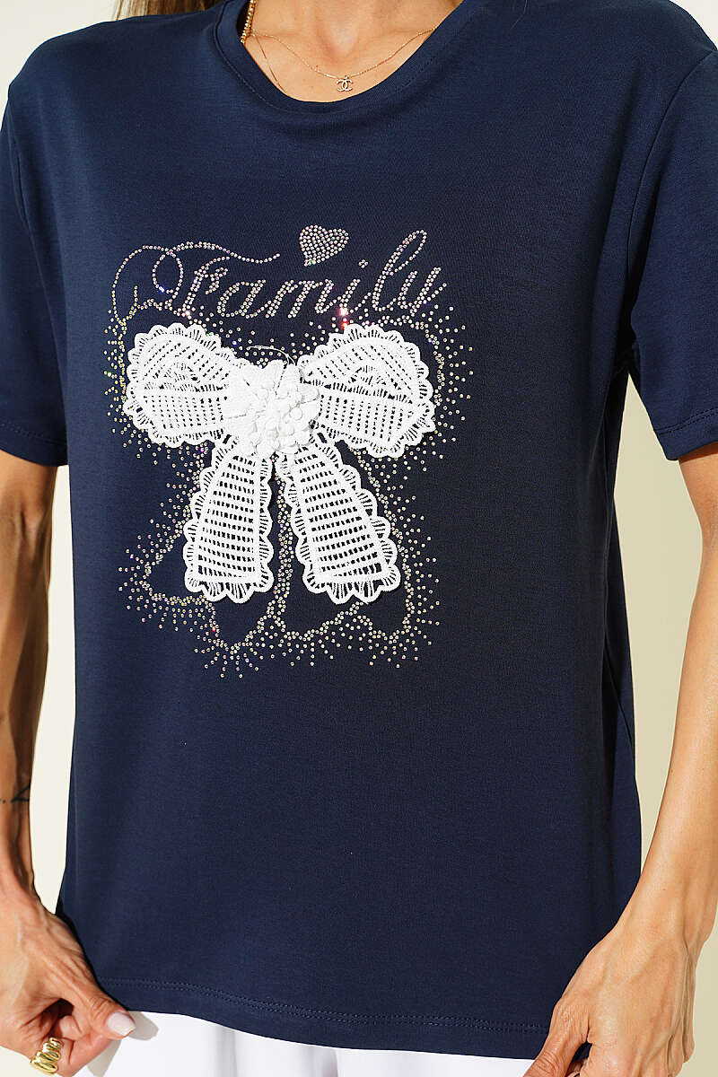 Ribbon Guipure T-Shirt - Navy