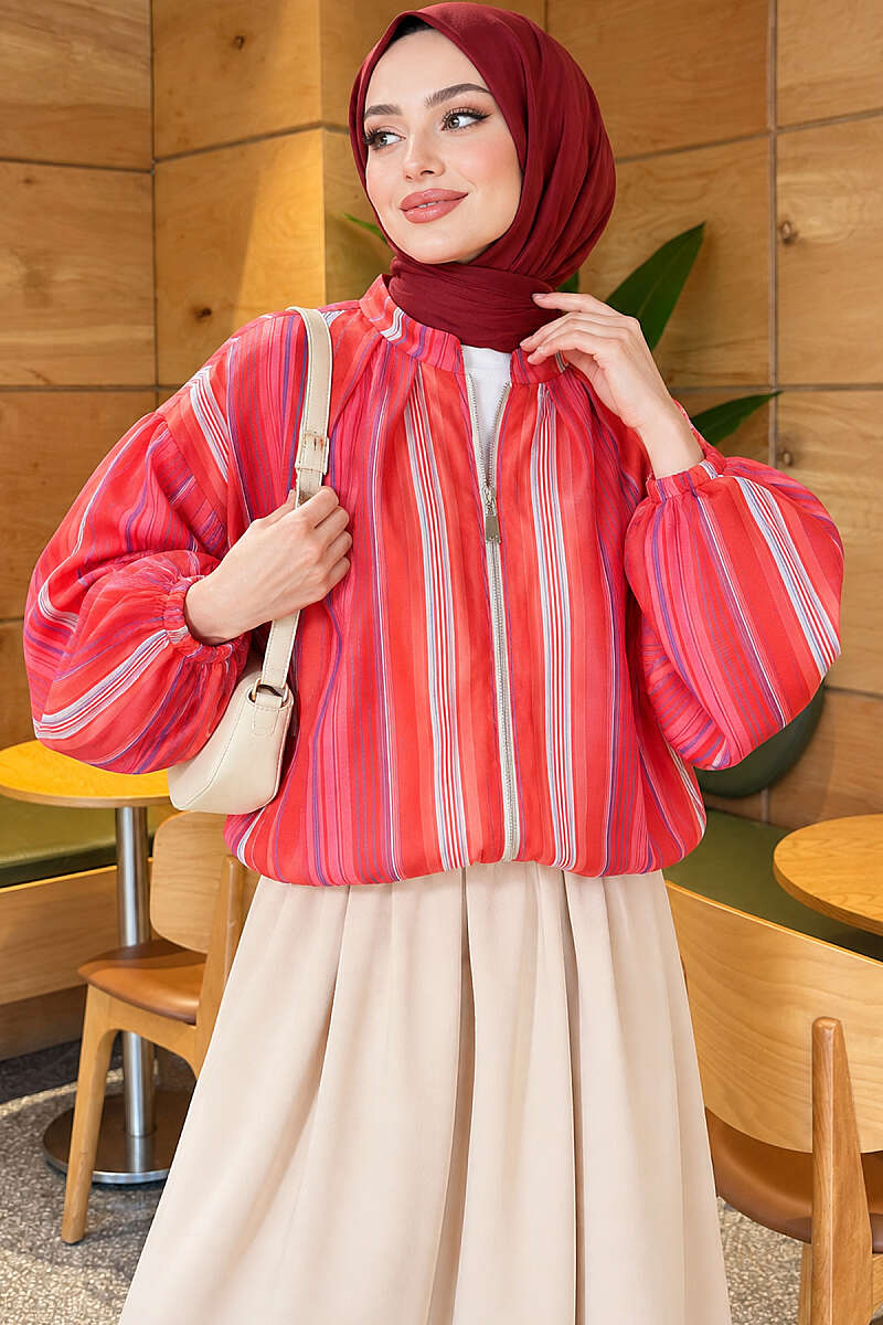 Short Zip-Up Pinstripe Jacket - Orange