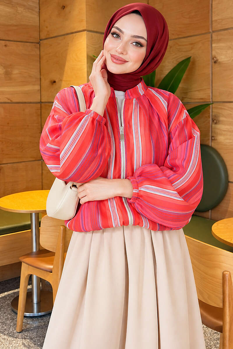 Short Zip-Up Pinstripe Jacket - Orange