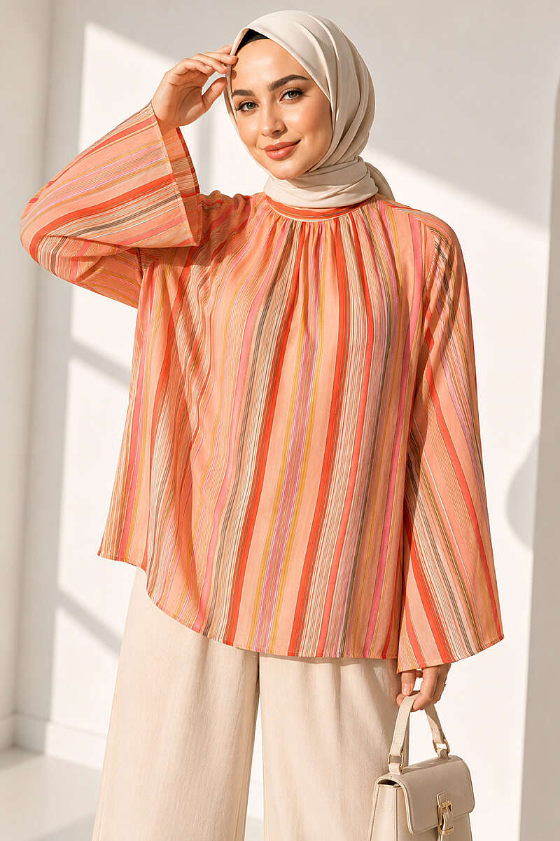 Pinstripe Wide-Sleeve Tunic - Salmon