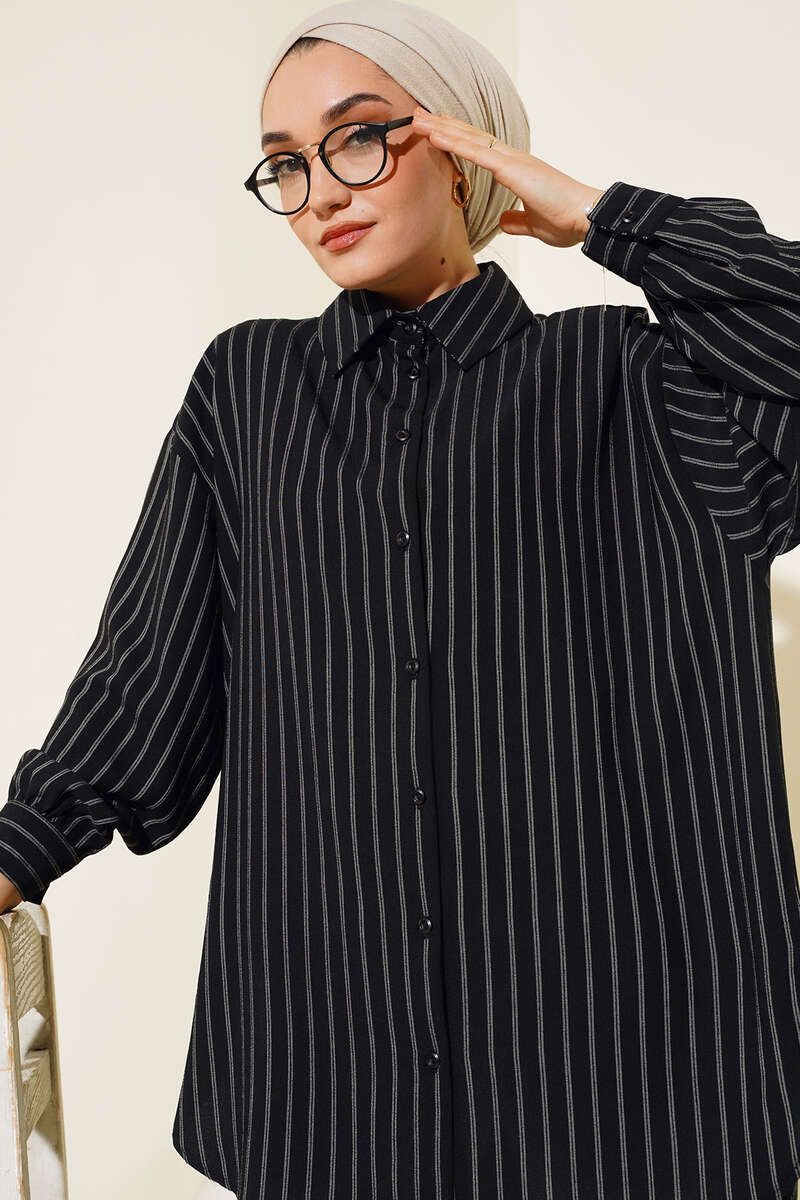 Loose Pinstripe Shirt - Black