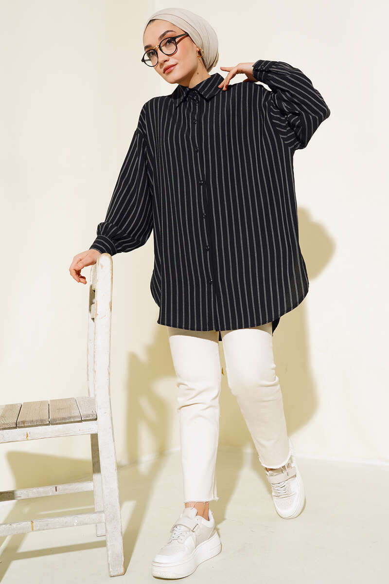 Loose Pinstripe Shirt - Black