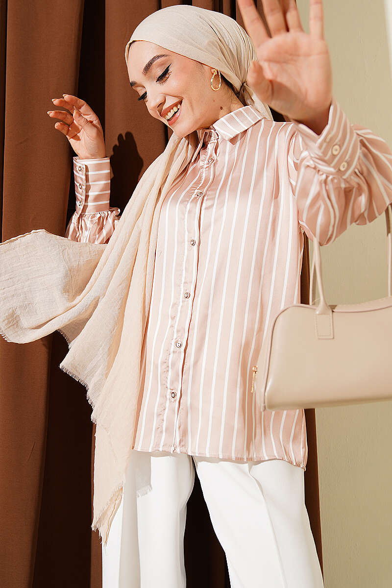 Vertical-Stripe Satin Shirt - Beige