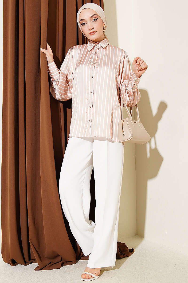Vertical-Stripe Satin Shirt - Beige