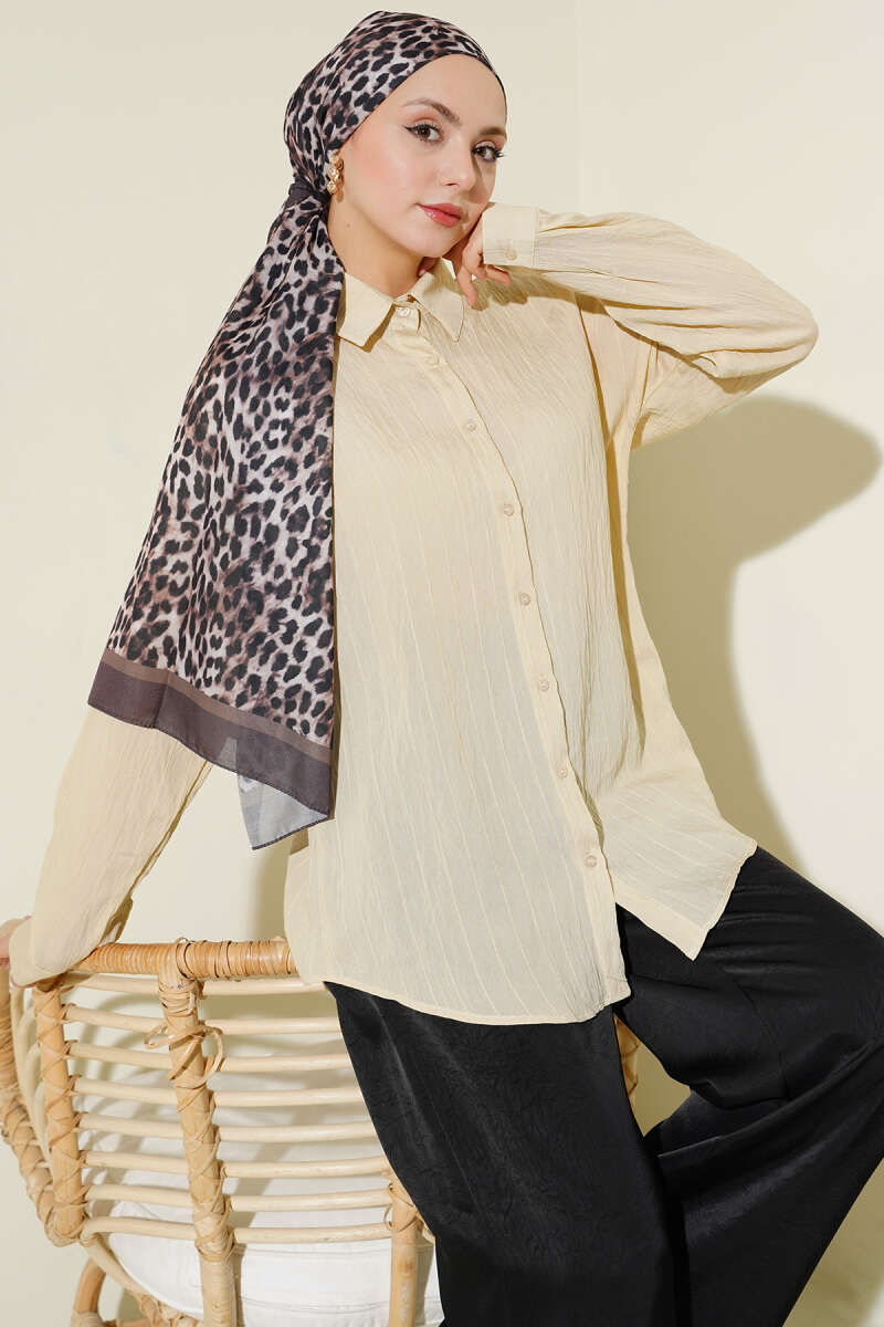 Basic Vertical Embossed-Stripe Shirt - Beige