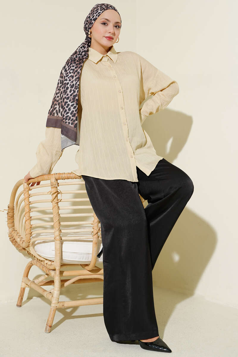 Basic Vertical Embossed-Stripe Shirt - Beige