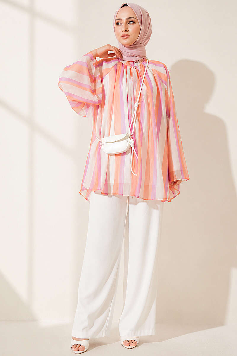 Loose Striped Stand-Collar Tunic - Orange