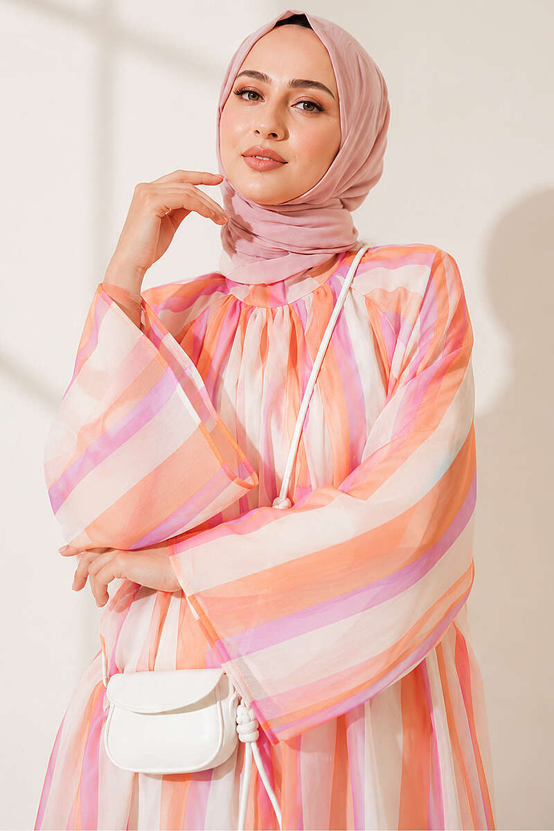 Loose Striped Stand-Collar Tunic - Orange