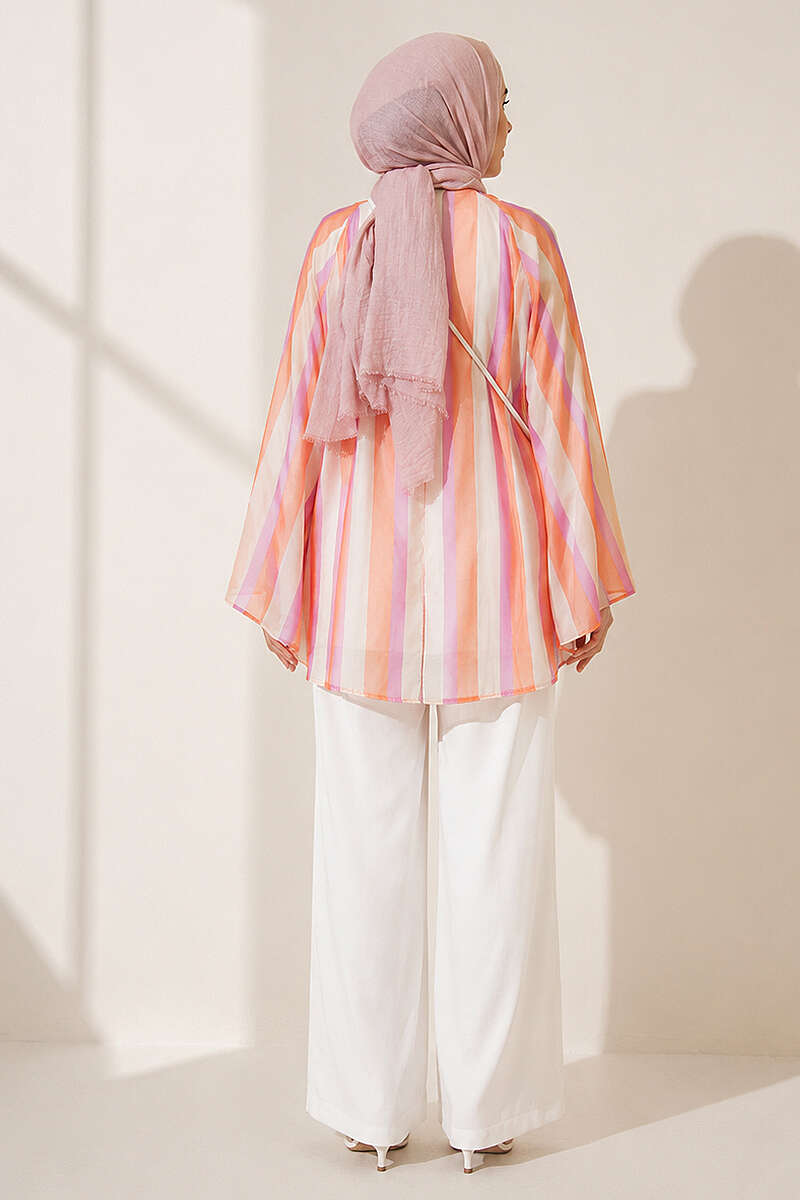 Loose Striped Stand-Collar Tunic - Orange