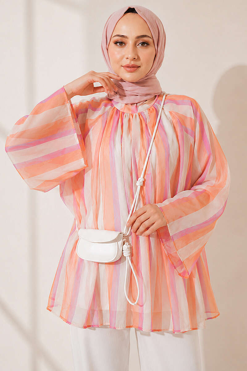 Loose Striped Stand-Collar Tunic - Orange