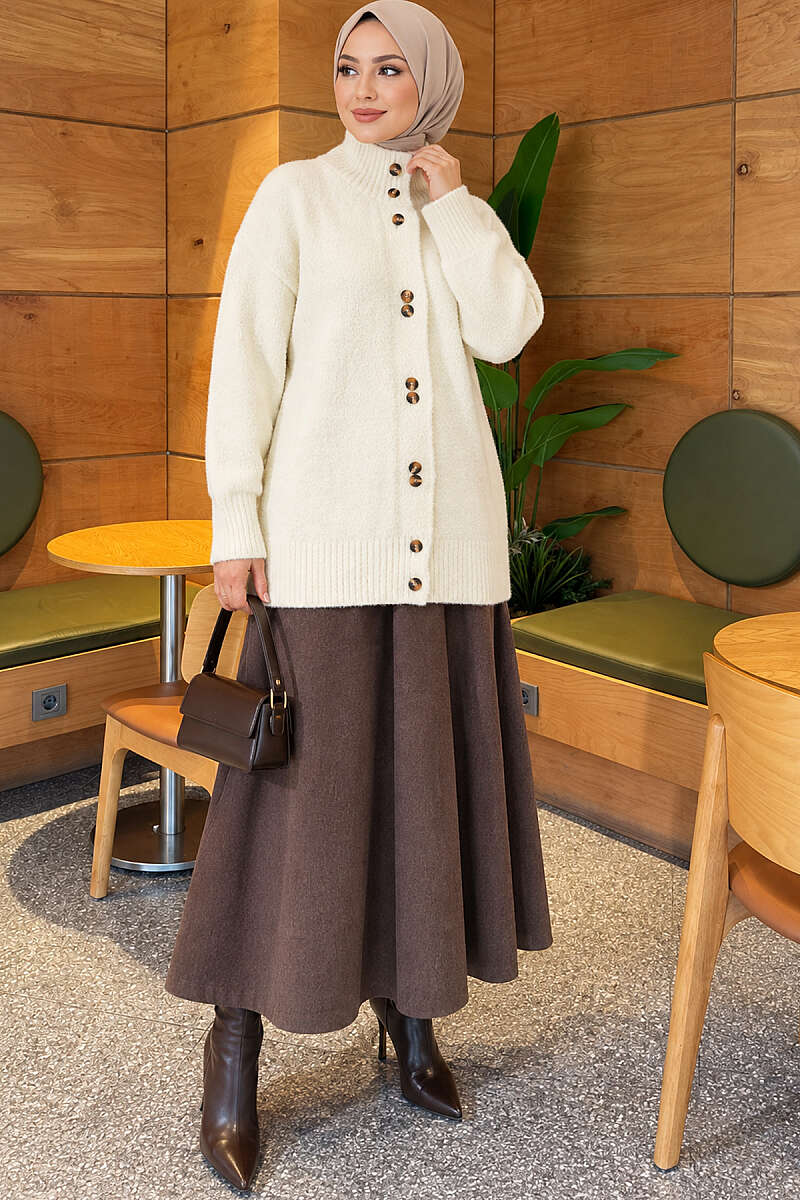 Stand-Collar Brushed Cardigan with Button Detail - Ecru