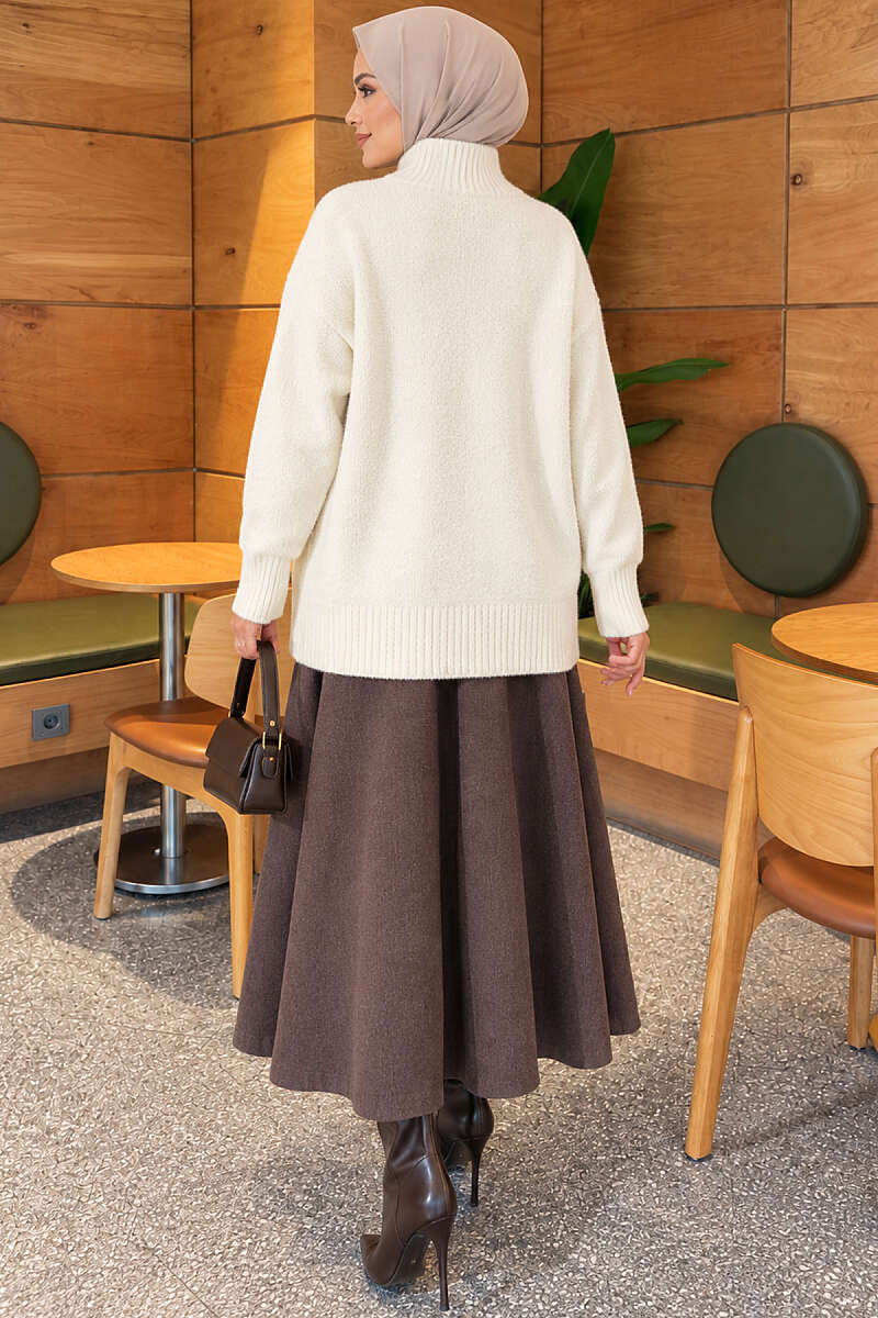 Stand-Collar Brushed Cardigan with Button Detail - Ecru