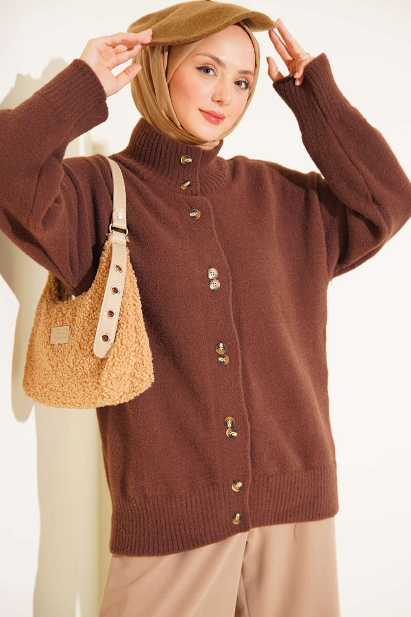 Stand-Collar Brushed Cardigan with Button Detail - Brown