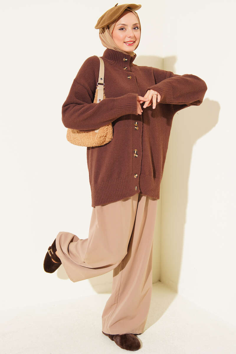 Stand-Collar Brushed Cardigan with Button Detail - Brown