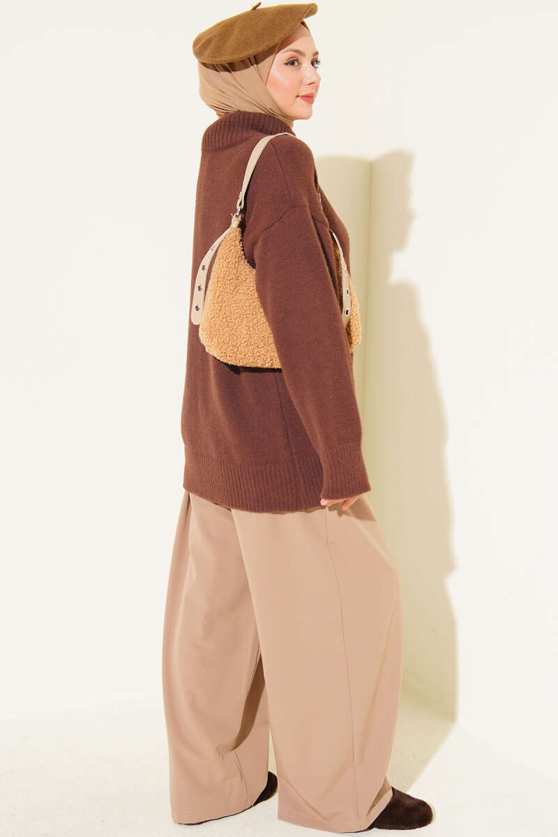 Stand-Collar Brushed Cardigan with Button Detail - Brown