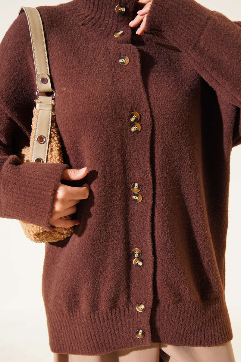 Stand-Collar Brushed Cardigan with Button Detail - Brown