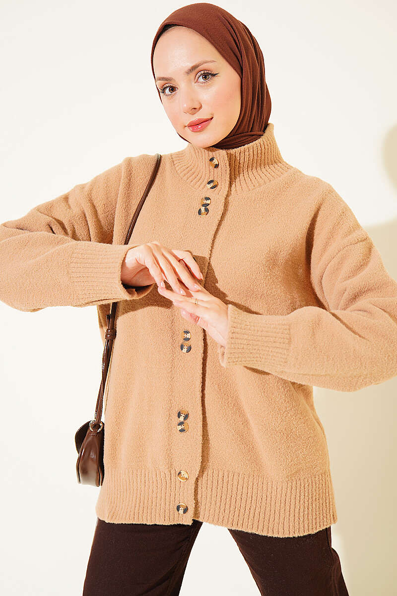 Stand-Collar Brushed Cardigan with Button Detail - Latte