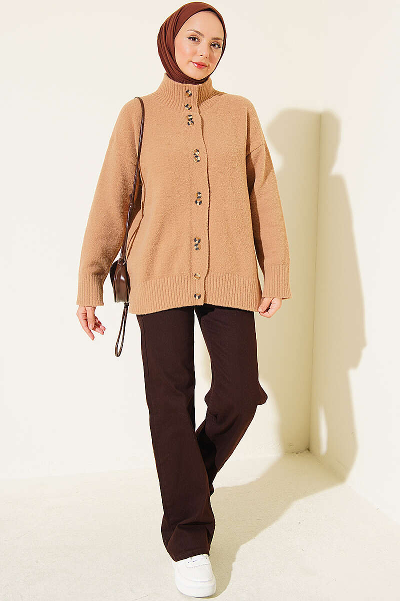 Stand-Collar Brushed Cardigan with Button Detail - Latte