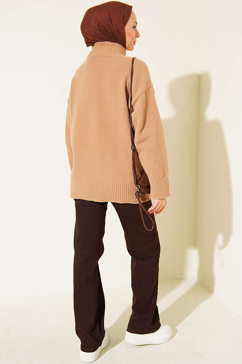Stand-Collar Brushed Cardigan with Button Detail - Latte