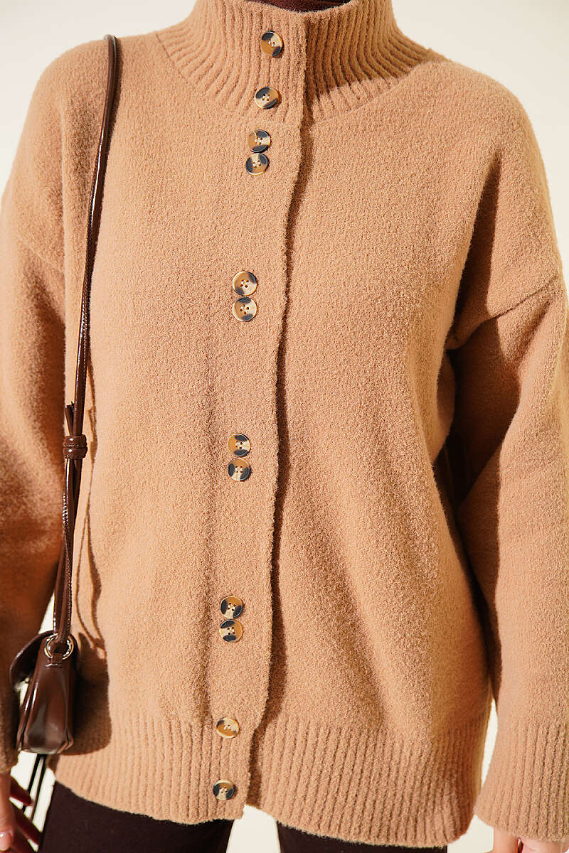 Stand-Collar Brushed Cardigan with Button Detail - Latte