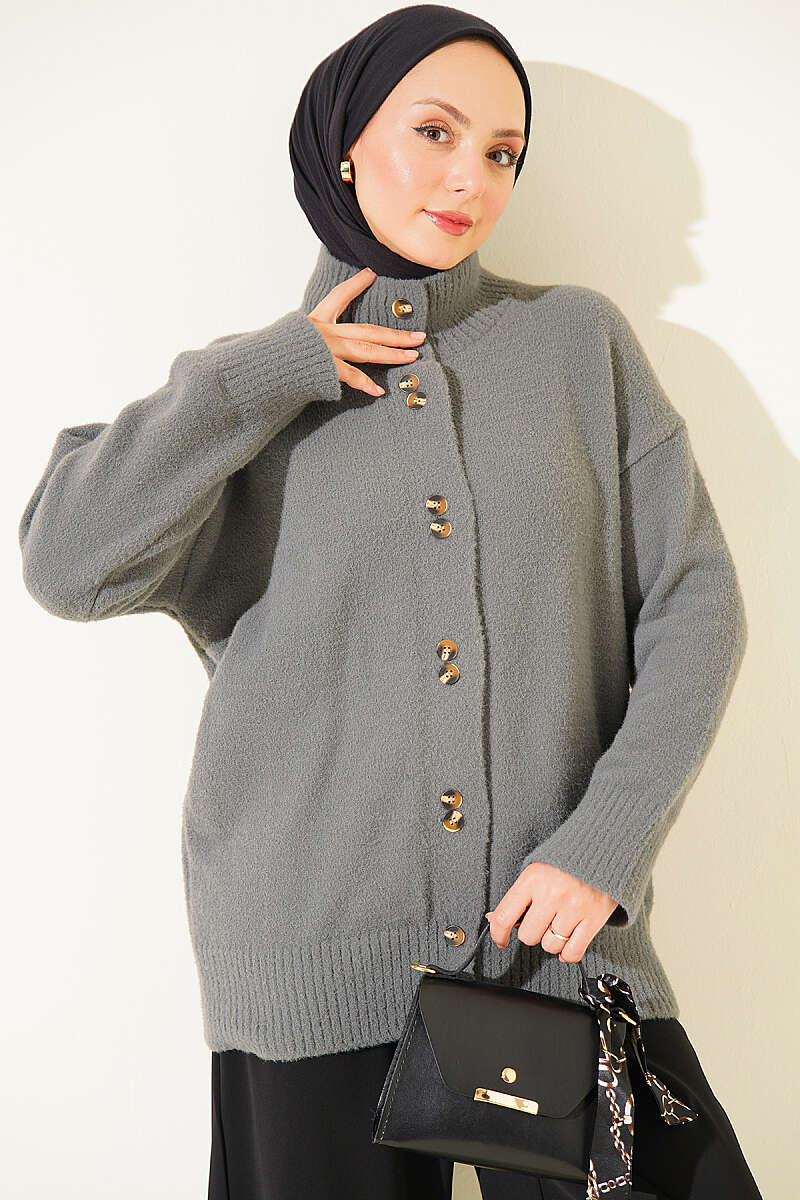 Stand-Collar Brushed Cardigan with Button Detail - Heather Grey