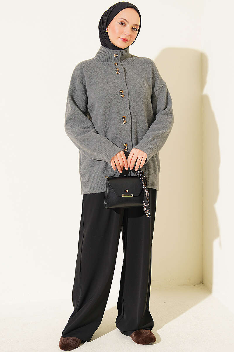 Stand-Collar Brushed Cardigan with Button Detail - Heather Grey