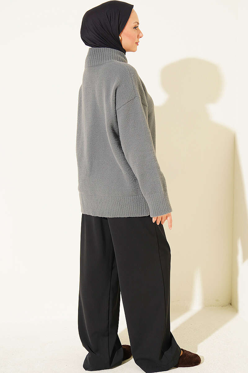 Stand-Collar Brushed Cardigan with Button Detail - Heather Grey