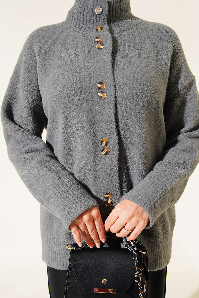 Stand-Collar Brushed Cardigan with Button Detail - Heather Grey