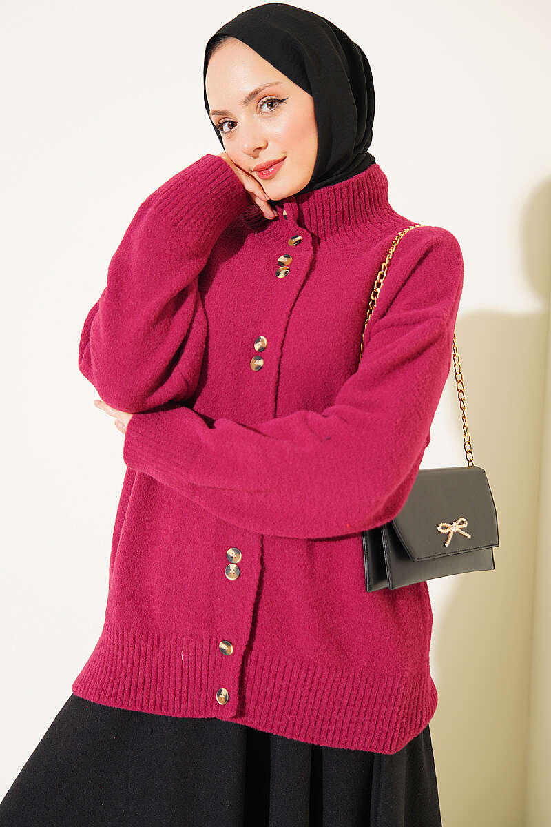 Stand-Collar Brushed Cardigan with Button Detail - Plum