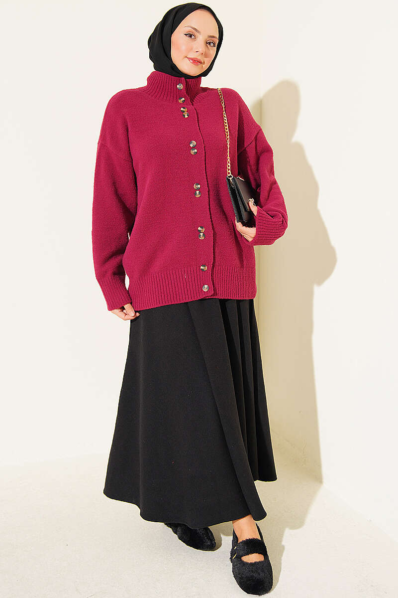 Stand-Collar Brushed Cardigan with Button Detail - Plum