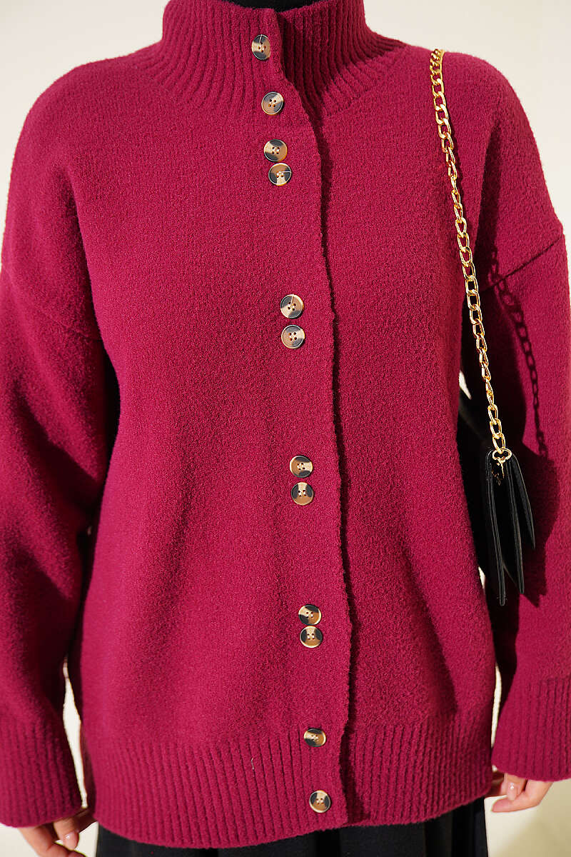 Stand-Collar Brushed Cardigan with Button Detail - Plum