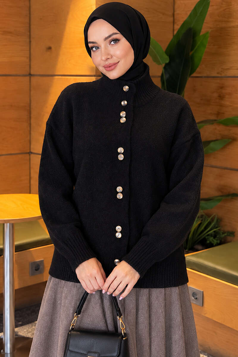 Stand-Collar Brushed Cardigan with Button Detail - Black